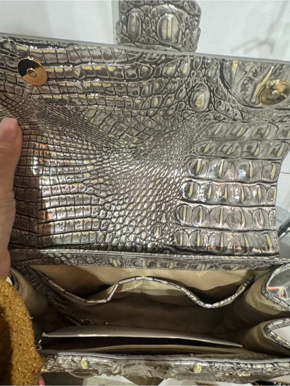 Brahmin Hallie Silver Croc-Embossed Top Handle Satchel
